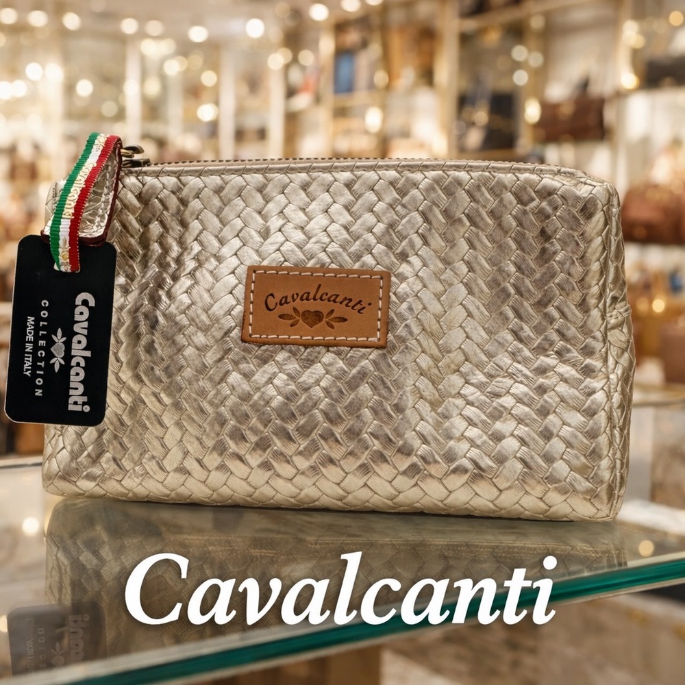🌸Cavalcanti Gold Woven make-up pouch NWT Made in Italy🇮🇹  genuine leather
